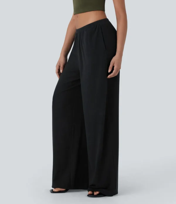 Pantalon baggy femme noir fluide ample avec cordon et poches