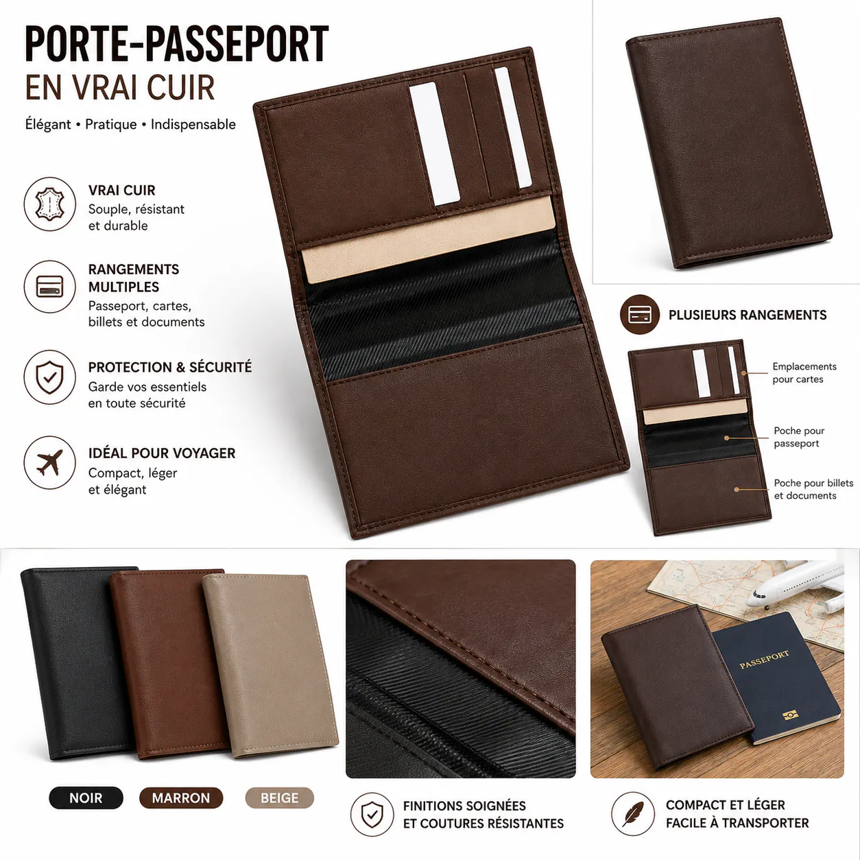 Porte-passeport en vrai cuir | Élégant & pratique