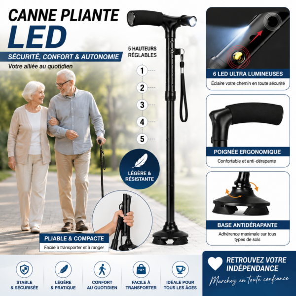 Canne de marche pliable avec lumière LED