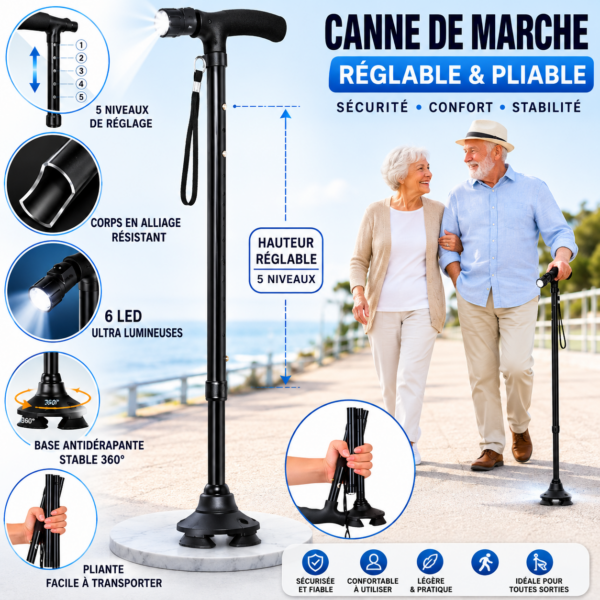 Canne de marche pliable avec lumière LED