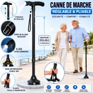 Canne de marche pliable avec lumière LED