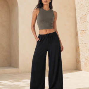 Pantalon baggy femme noir fluide ample avec cordon et poches