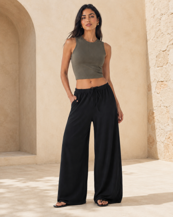 Pantalon baggy femme noir fluide ample avec cordon et poches
