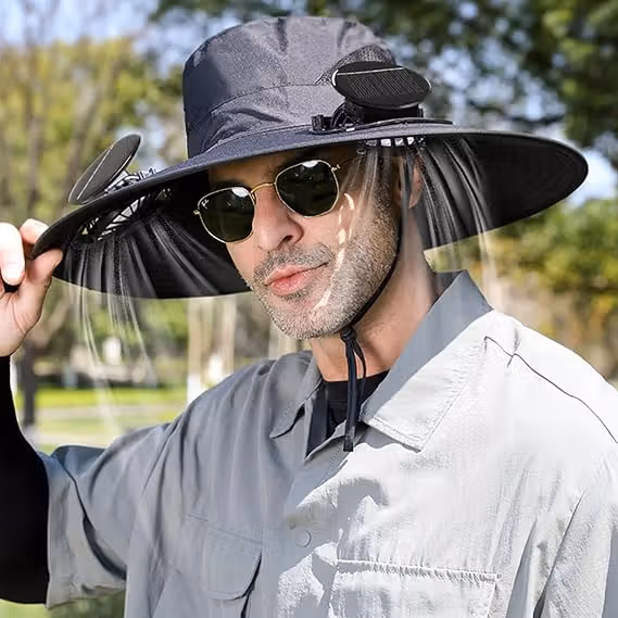 chapeau de soleil à large bord avec ventilateur intégré chapeau de soleil à large bord avec ventilateur intégré