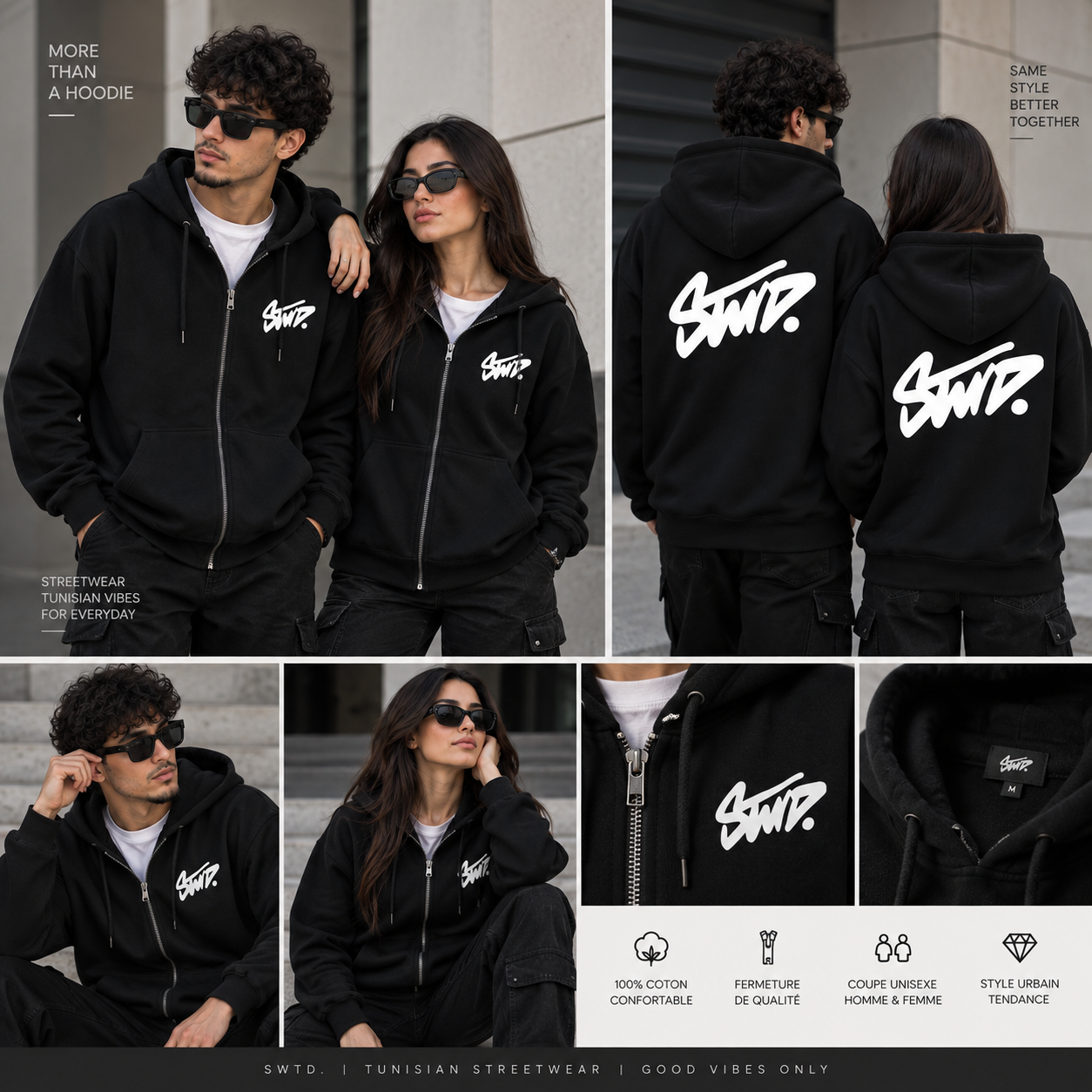 Sweat à capuche SWTD noir avec fermeture porté par un homme et une femme.