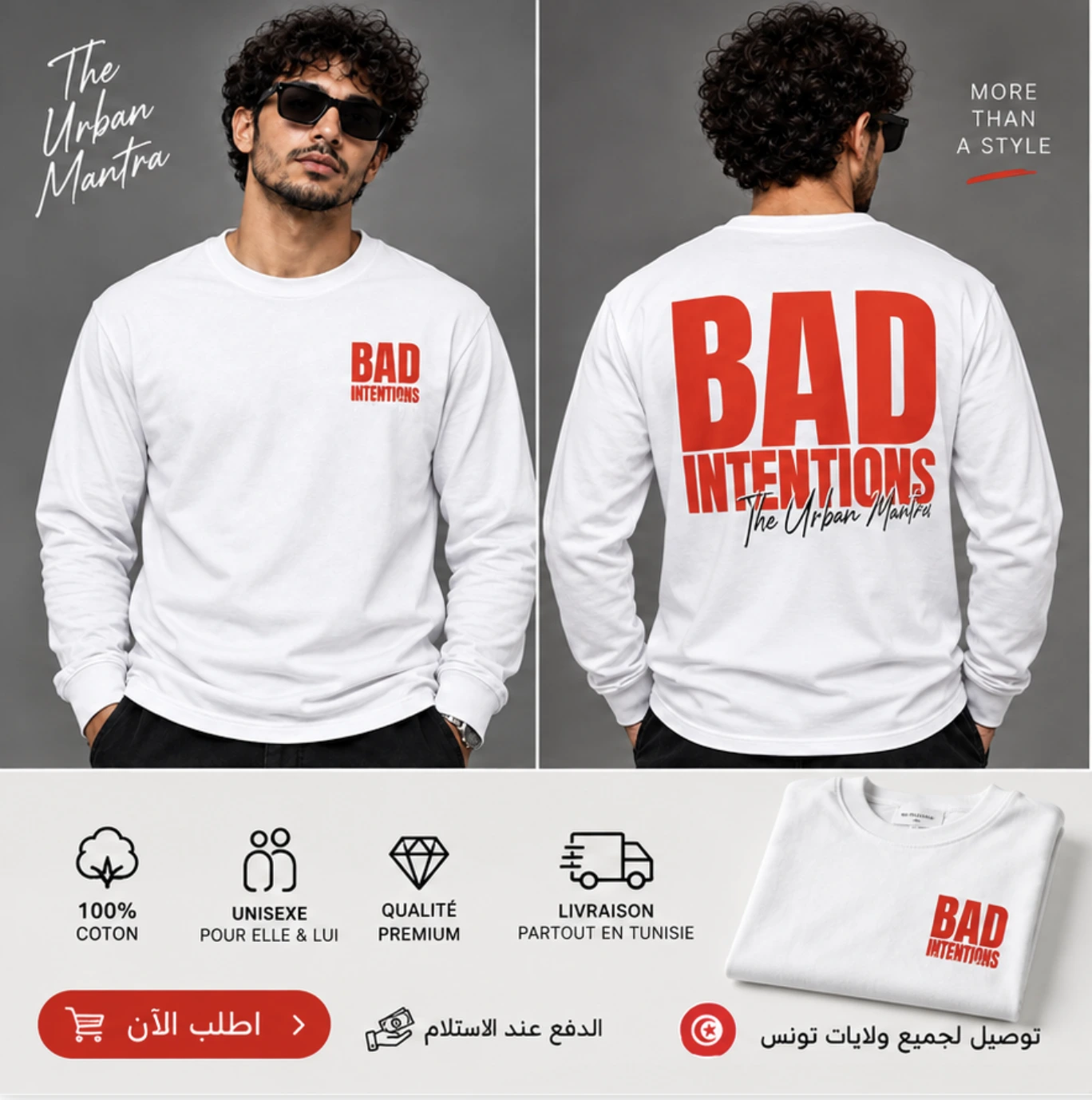 T-shirt Manches Longues Homme Bad Intentions Blanc – 100% Coton