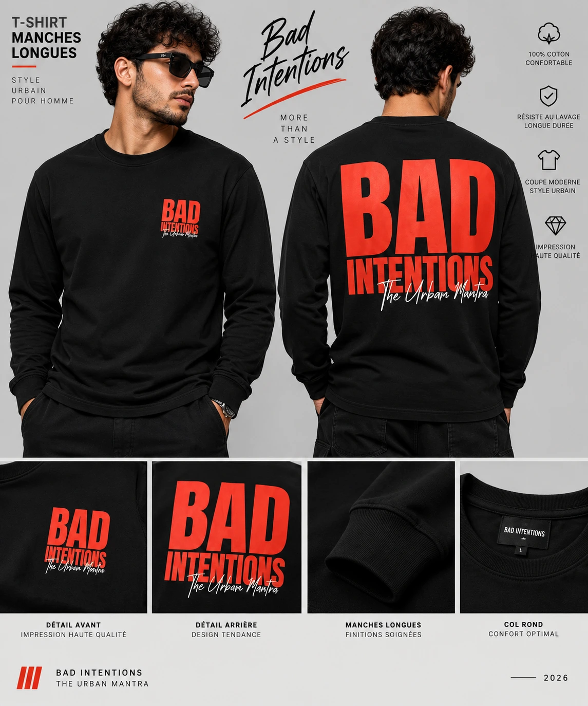 T-shirt Manches Longues Homme Bad Intentions Noir – 100% Coton