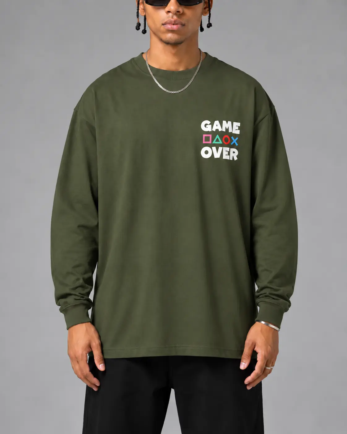 Tshirt Game Over Manches Longues (Vert Militaire)
