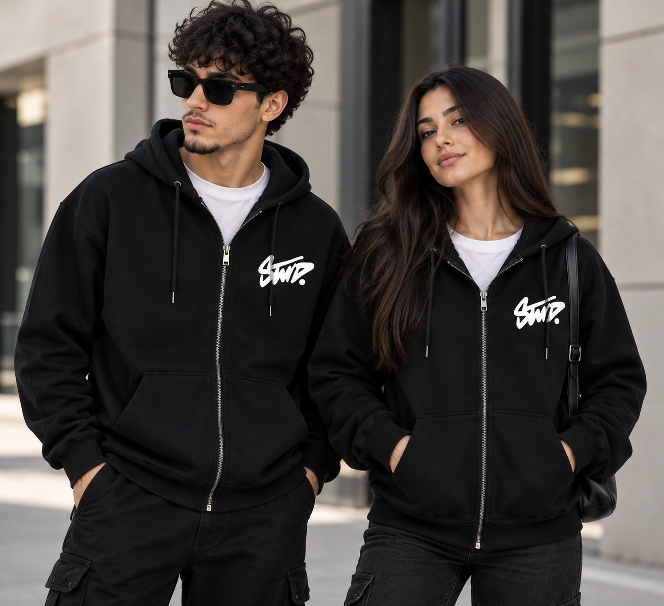 Sweat à capuche SWTD noir avec fermeture porté par un homme et une femme.