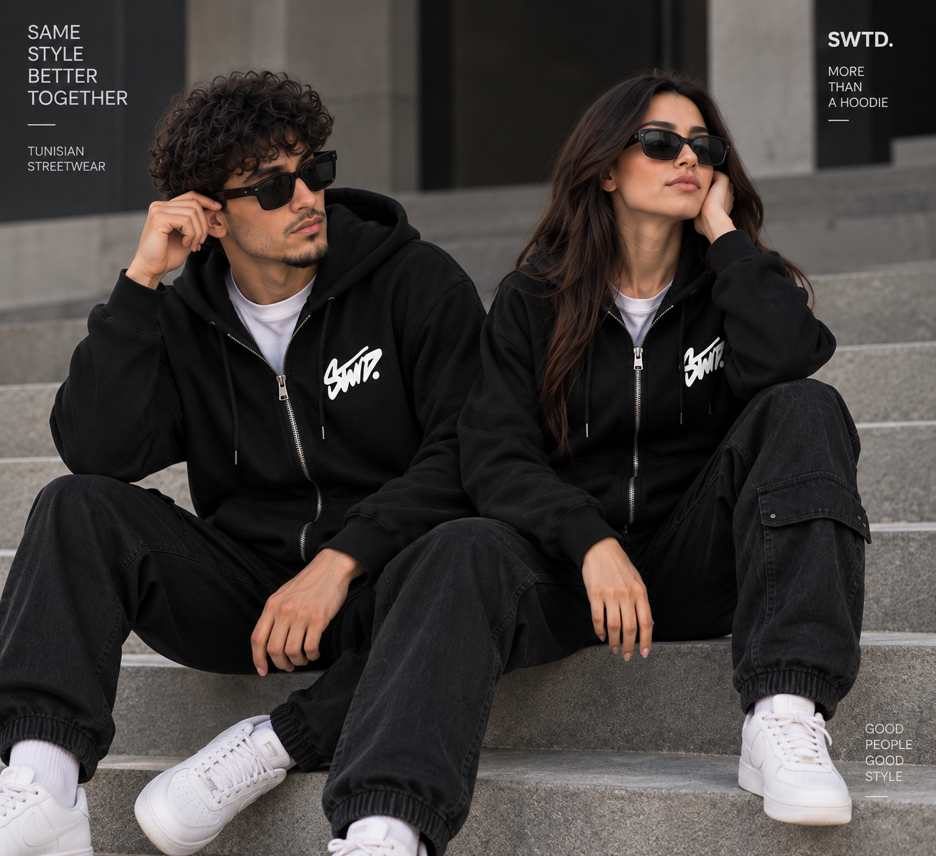 Sweat à capuche SWTD noir avec fermeture porté par un homme et une femme.