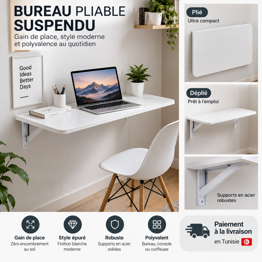 Bureau Pliable Suspendu Mural – Gain de Place Bureau Pliable Suspendu Mural – Gain de Place