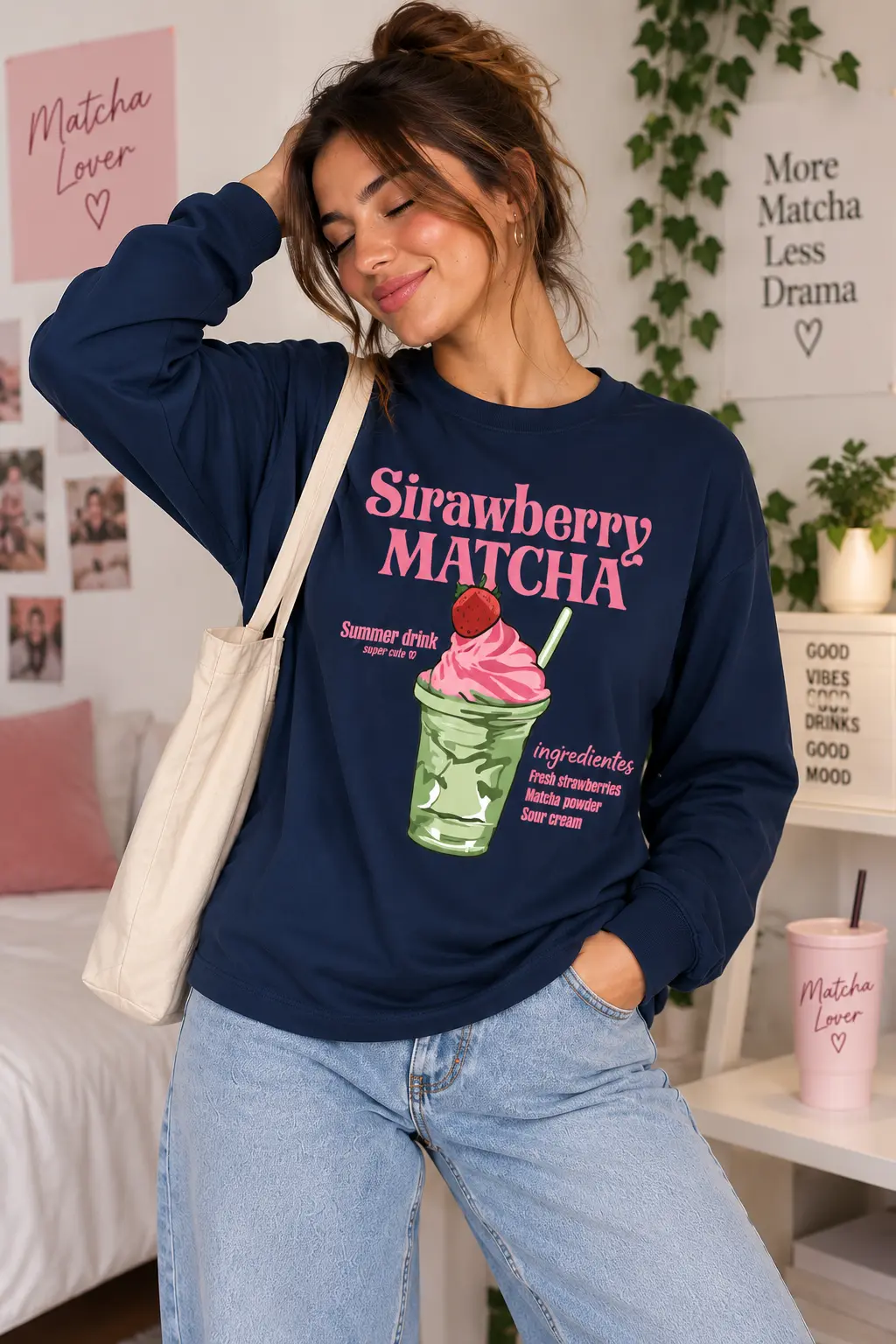 T-shirt Manches Longues Strawberry Matcha – (bleu marine)
