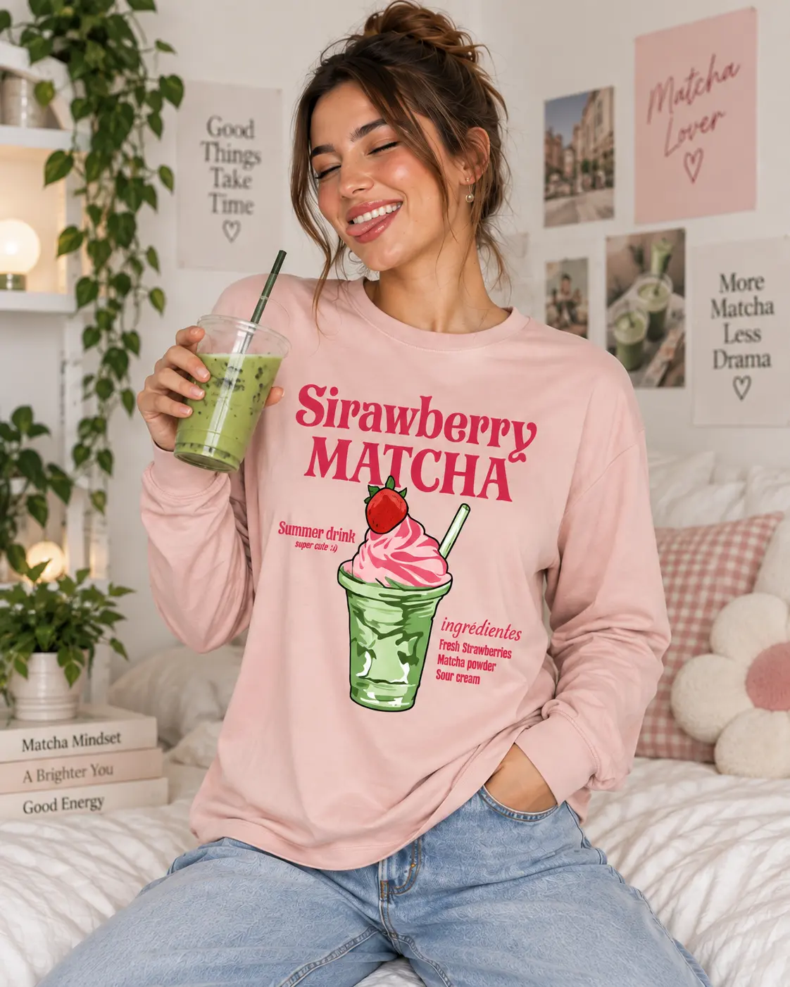 T-shirt Manches Longues Strawberry Matcha – (Rose poudré)