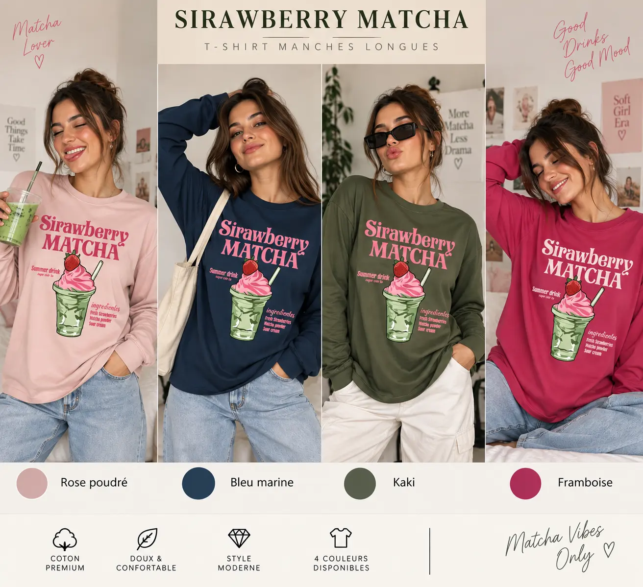 T-shirt Manches Longues Strawberry Matcha – (bleu marine)