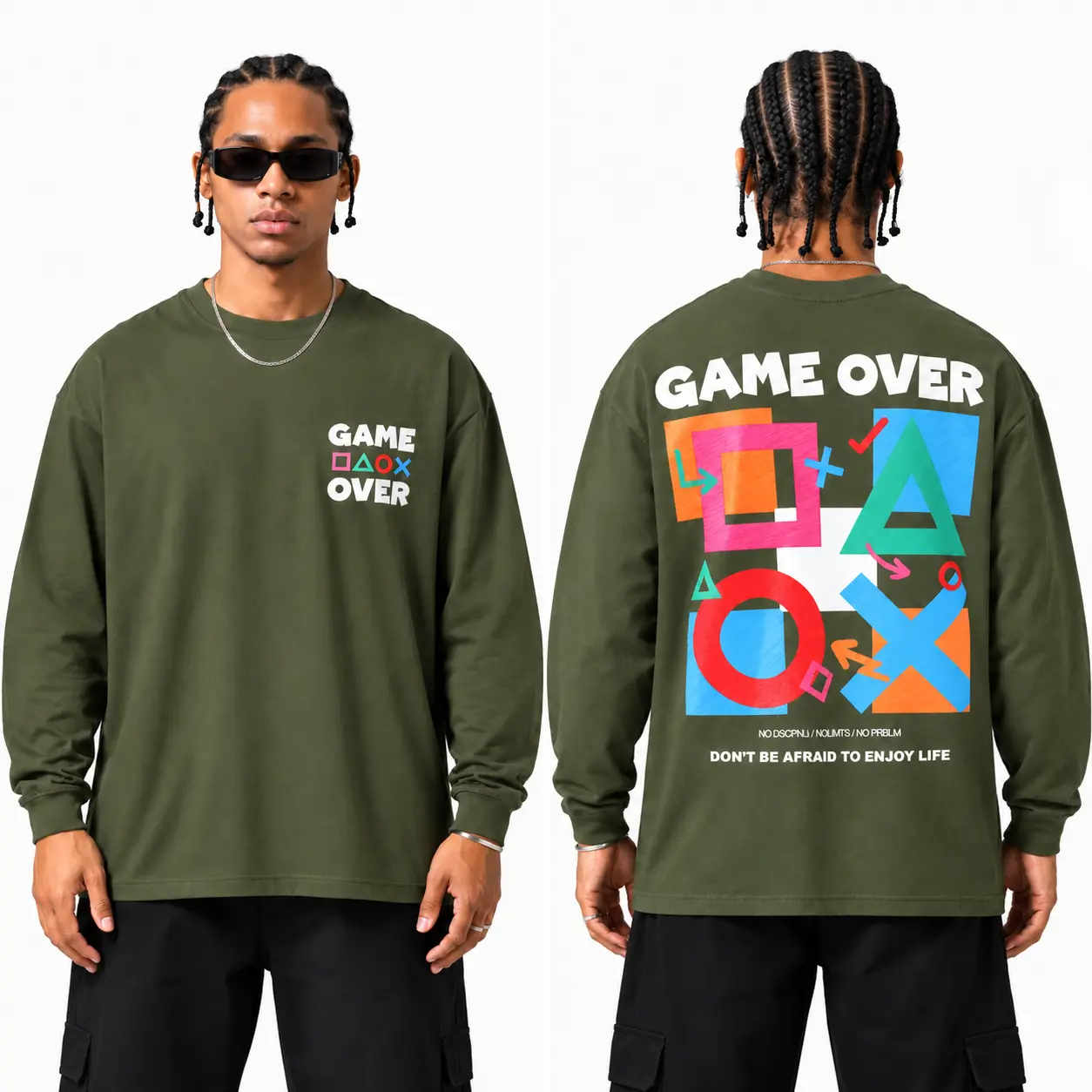 Tshirt Game Over Manches Longues (Vert Militaire)