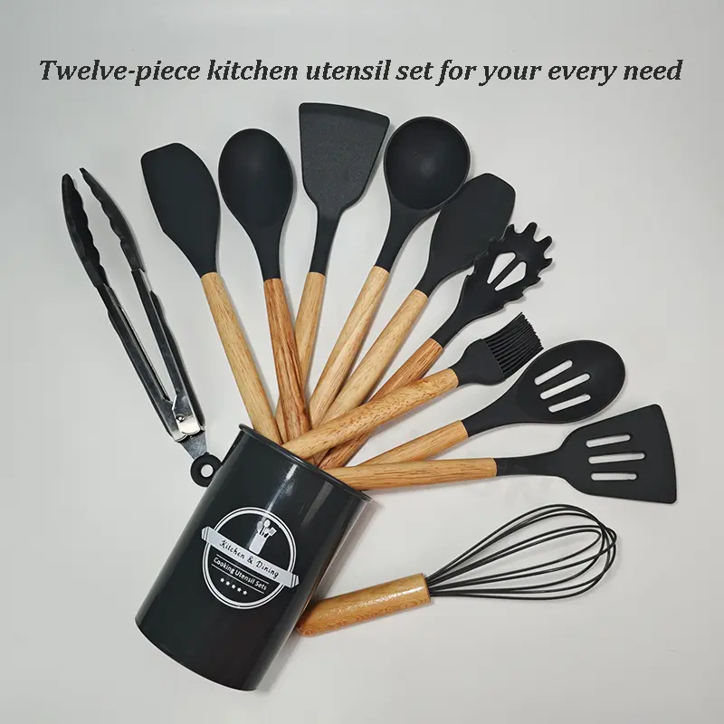 Set D'ustensiles De Cuisine 12 Pièces En Silicone Noir – Image 6