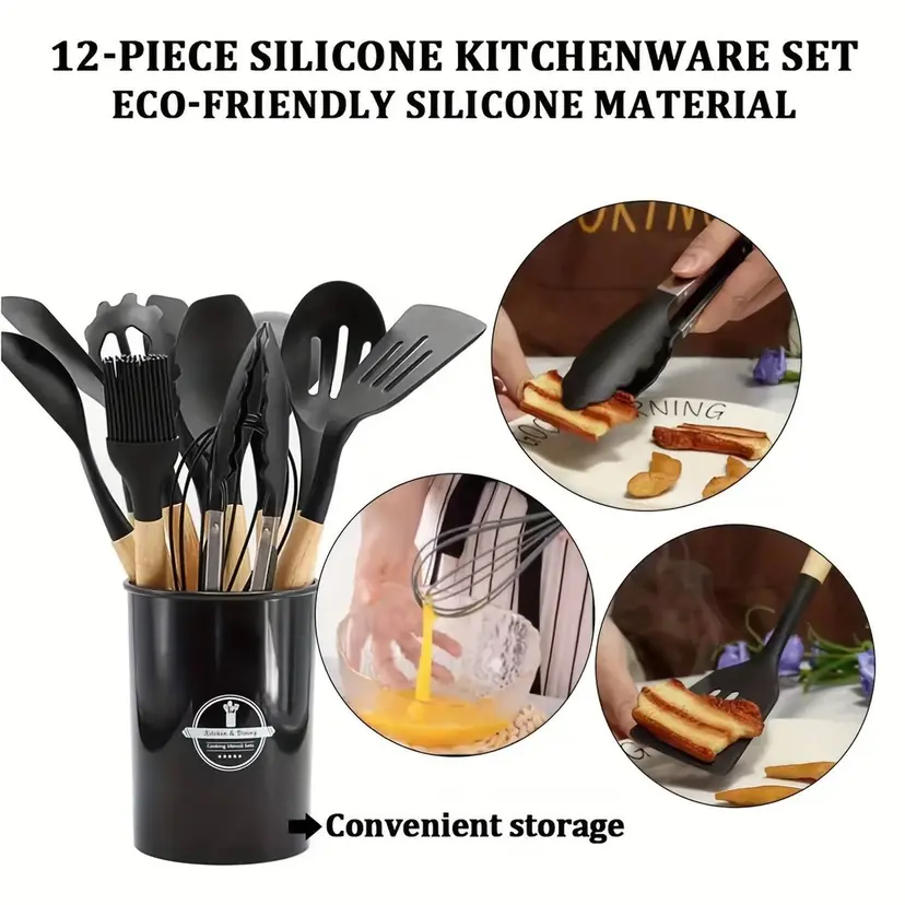 Set D'ustensiles De Cuisine 12 Pièces En Silicone Noir – Image 2